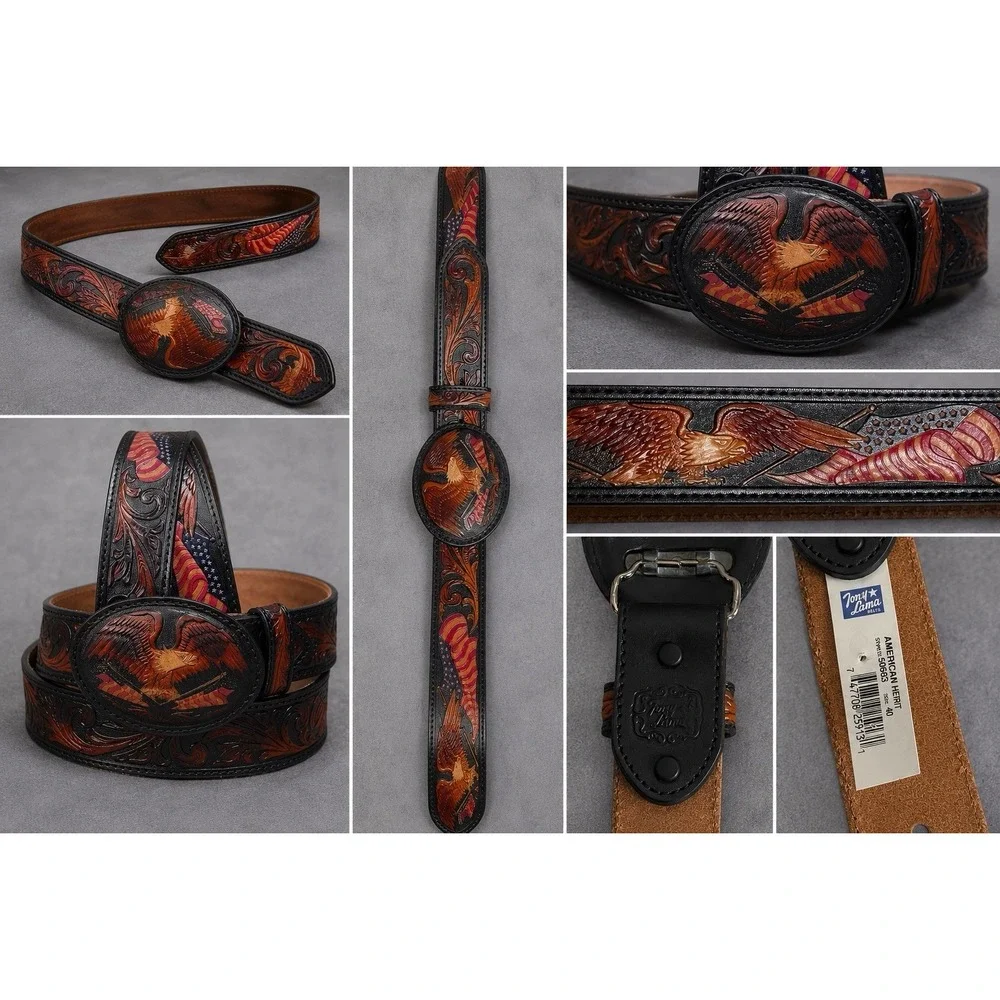 Tony Lama American Heritage Leather Tooled Belt And Buckle Mens 40 Eagle Flag